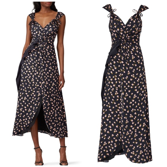 Self-Portrait Black Floral Sleeveless V-Neck Dress Button Ruffle Twist - US 2 - Picture 1 of 12